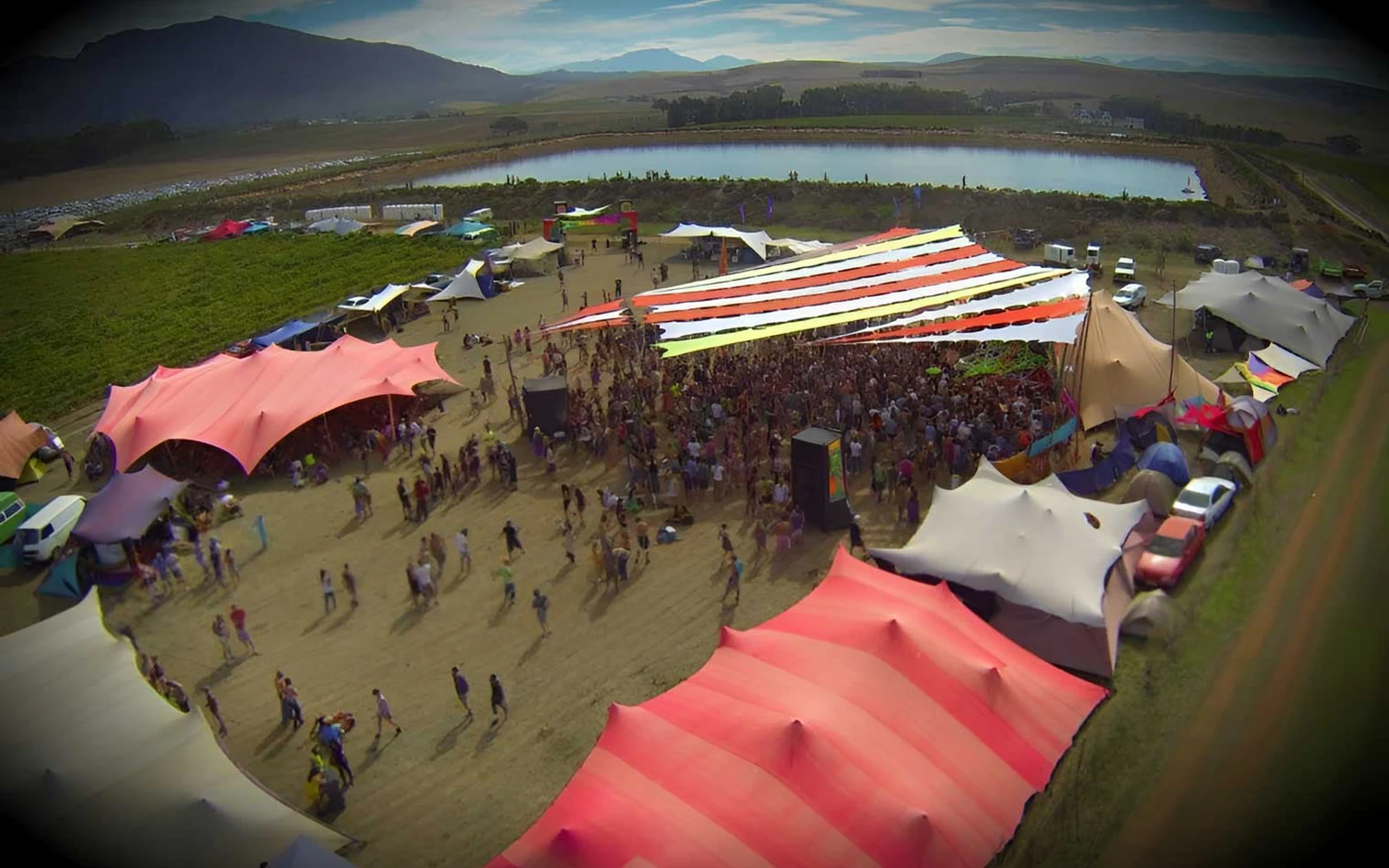 Aerial view of festival stretch tents